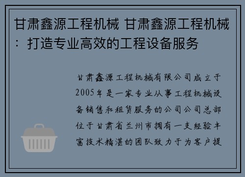 甘肃鑫源工程机械 甘肃鑫源工程机械：打造专业高效的工程设备服务